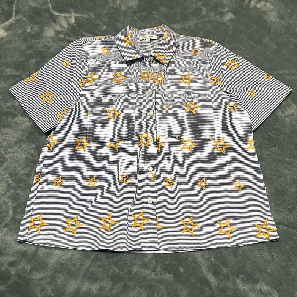 Madewell Womens Blue White Pinstripe Yellow Embroidered Star Cutout Shirt M